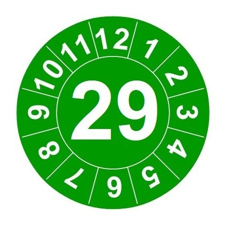 Naklejki przeglądów TYP-1, Ø15mm, rok "29", kolor do wyboru, arkusz 63szt.