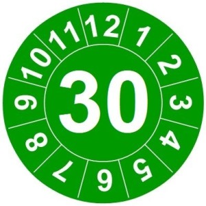 Naklejki przeglądów TYP-1, Ø15mm, rok "30", kolor do wyboru, arkusz 63szt.
