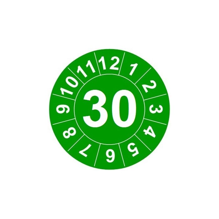 Naklejki przeglądów TYP-1, Ø15mm, rok "30", kolor do wyboru, arkusz 63szt.