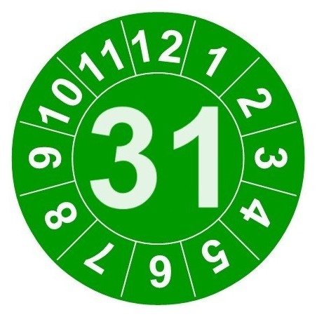 Naklejki przeglądów TYP-1, Ø15mm, rok "31", kolor do wyboru, arkusz 63szt.