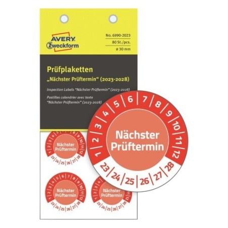 Tabliczki inspekcyjne NoPeel na lata 23-28, do opisu ręcznego, Ø30, czerwone, 80 sztuk, Avery Zweckform