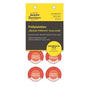 Tabliczki inspekcyjne NoPeel na lata 23-28, do opisu ręcznego, Ø30, czerwone, 80 sztuk, Avery Zweckform