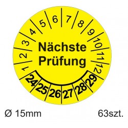 Etykiety inspekcyjne, naklejki przeglądowe, TYP-5, Nächste Prüfung, okrągłe Ø 15mm, na lata 24-29 - 63szt.