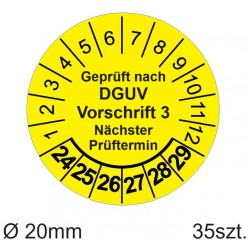 Naklejki testowe DGUV, TYP-5, Geprüft nach DGUV Vorschrift 3, Nächster Prüftermin, okrągłe Ø 20mm, na lata 24/29 - 35 szt.