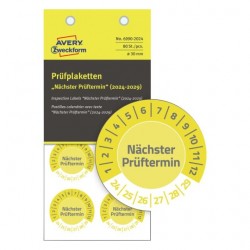 Tabliczki inspekcyjne NoPeel na lata 24-29, Nächster Prüftermin, Ø30, żółte, 80 sztuk, Avery Zweckform