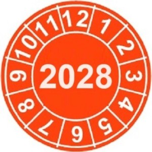 Naklejki przeglądów TYP-2, Ø 10mm, rok "2028", arkusz 143szt