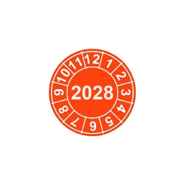 Naklejki przeglądów TYP-2, Ø 10mm, rok "2028", arkusz 143szt