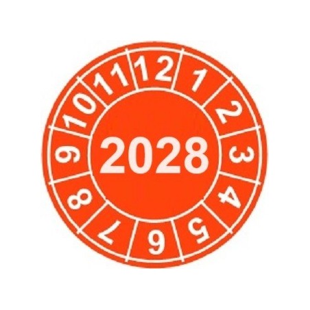 Naklejki przeglądów TYP-2, Ø 10mm, rok "2028", arkusz 143szt