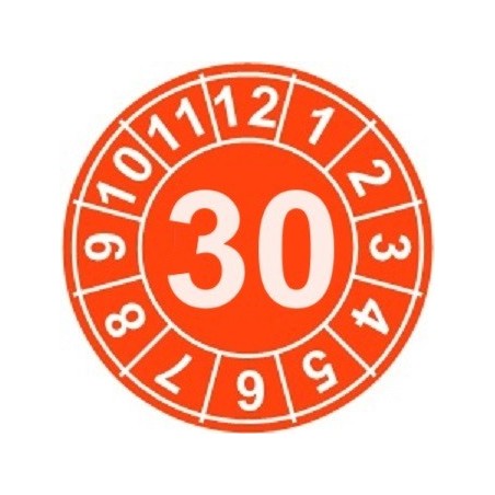 Naklejki przeglądów TYP-1, Ø 20mm, rok "30", wybór kolorów, arkusz 25 szt.