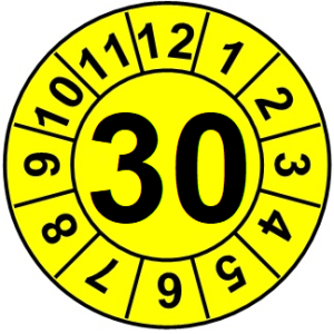 Naklejki przeglądów TYP-1, Ø 20mm, rok "30", wybór kolorów, arkusz 25 szt.