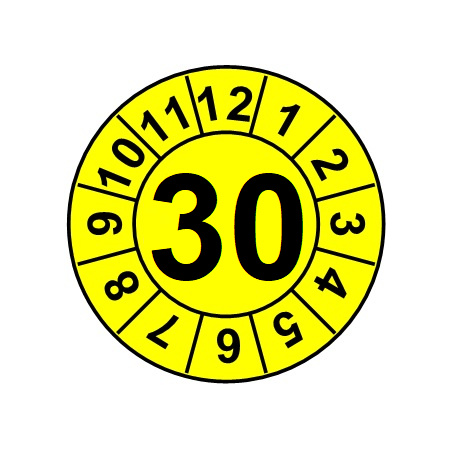 Naklejki przeglądów TYP-1, Ø 20mm, rok "30", wybór kolorów, arkusz 25 szt.