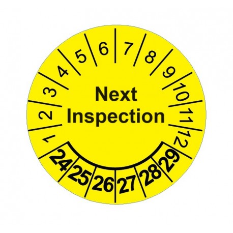 Etykiety inspekcyjne, naklejki przeglądowe, TYP-5, Next Inspection, okrągłe Ø 15mm, na lata 24-29 - 63szt.