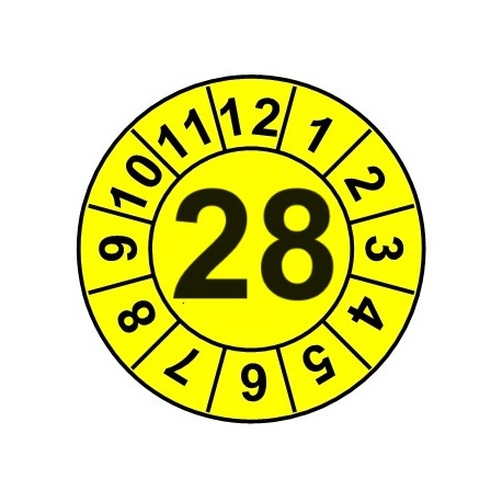 Naklejki przeglądów TYP-1, Ø 20mm, rok "28", wybór kolorów, arkusz 25 szt.