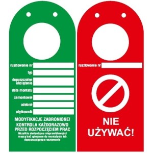 Kontrolka rusztowań "ScaffTag" w języku polskim, zawieszka zielona, 135x305mm z otworem na rusztowanie
