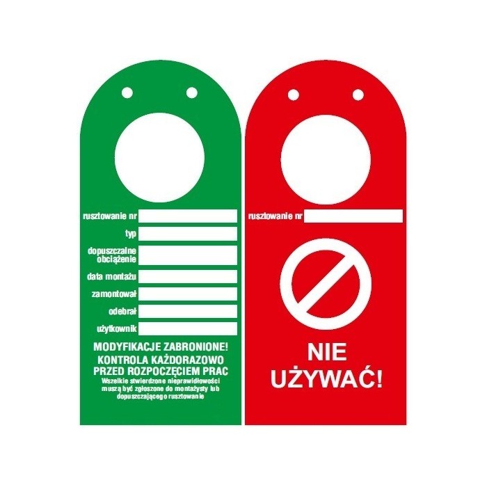 Kontrolka rusztowań "ScaffTag" w języku polskim, zawieszka zielona, 135x305mm z otworem na rusztowanie