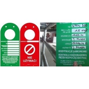 Kontrolka rusztowań "ScaffTag" w języku polskim, zawieszka czerwona, 135x305mm z otworem na rusztowanie