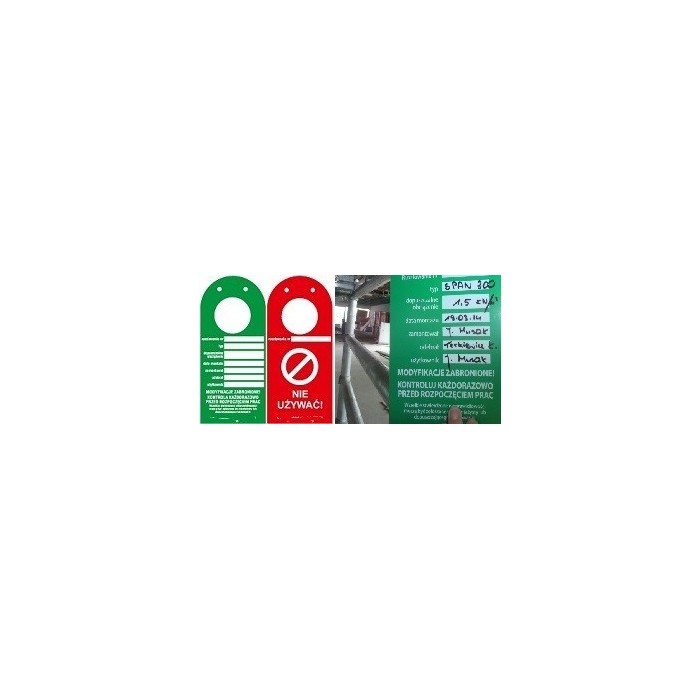 Kontrolka rusztowań "ScaffTag" w języku polskim, zawieszka czerwona, 135x305mm z otworem na rusztowanie