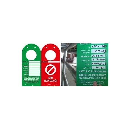 Kontrolka rusztowań "ScaffTag" w języku polskim, zawieszka czerwona, 135x305mm z otworem na rusztowanie
