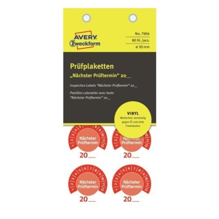 Avery 7904 Naklejki serwisowe na lata 20__, winylowe, Ø30, czerwone, 80 sztuk, Avery Zweckform
