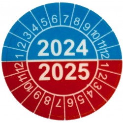 Naklejki przeglądów TYP-4, Ø 30mm, dwudzielne na lata "2024/2025" niebiesko-czerwone, arkusz 20szt.