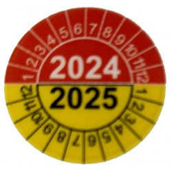 Naklejki przeglądów TYP-4, Ø 25mm, dwudzielne na lata "2024/2025" pomarańczowo-żółte, arkusz 20szt.
