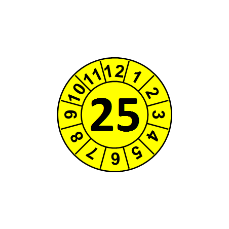 Naklejki przeglądów TYP-1, Ø10mm, rok "25", kolor zielony, arkusz 143szt.