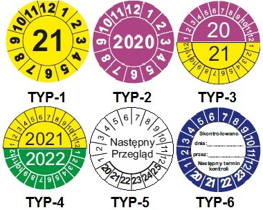 Naklejki przeglądów, etykiety inspekcyjne z datą przeglądu